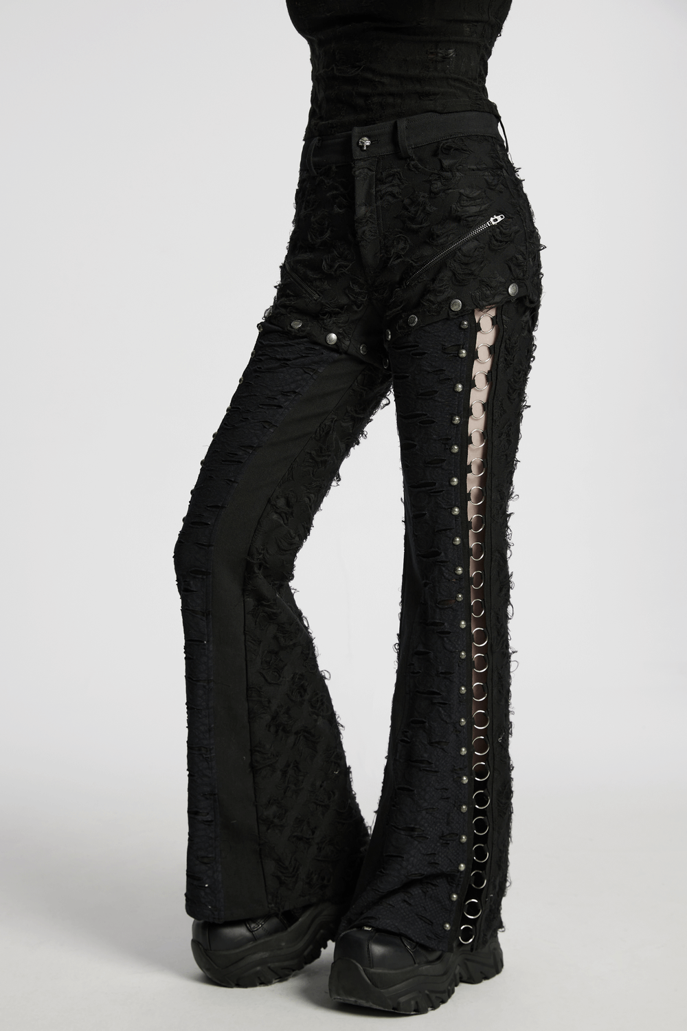 Punk Rose-Embellished Split Wide Leg Tattered Pants