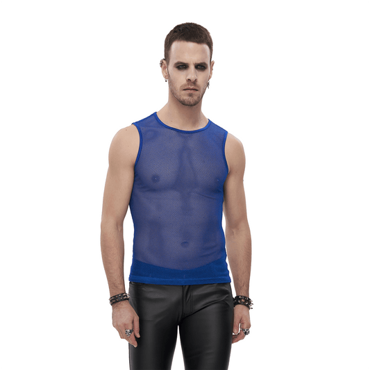 Round Neck Mesh Tank Top / Men's Sleeveless See-Through Top