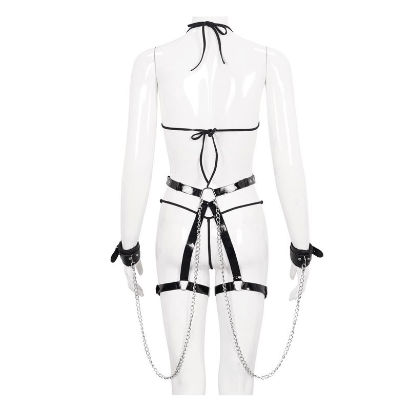 Punk Sexy Body Harness Lingerie Set With Metal Chain / Gothic Black Lingerie With Pentagram