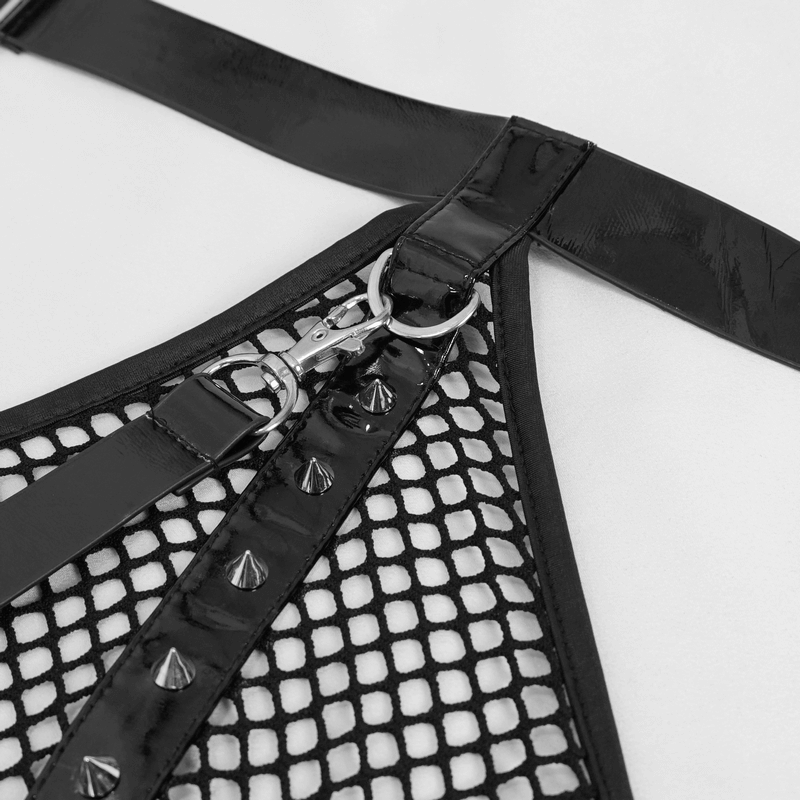 Punk Sexy Mesh Transparent Bodysuit / Black Halter Bodysuit With Detachable Long Belt