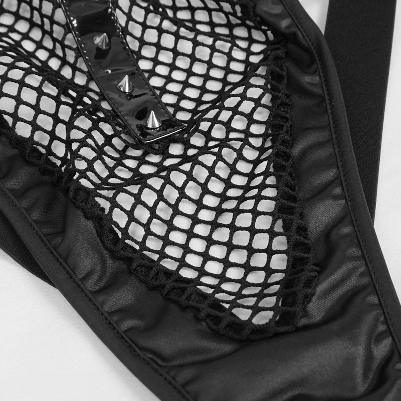 Punk Sexy Mesh Transparent Bodysuit / Black Halter Bodysuit With Detachable Long Belt