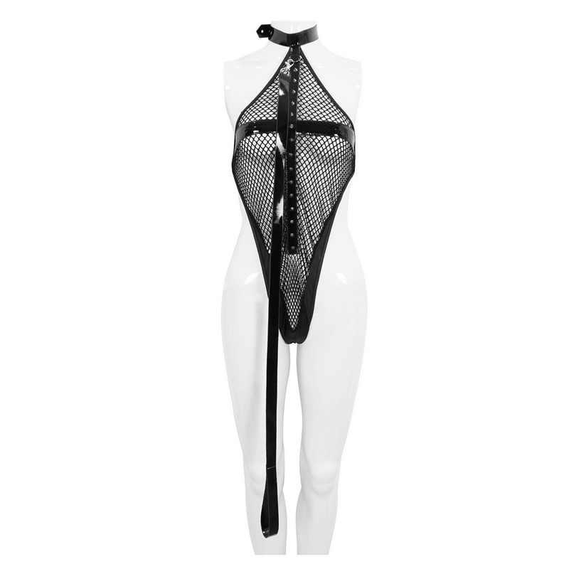 Punk Sexy Mesh Transparent Bodysuit / Black Halter Bodysuit With Detachable Long Belt