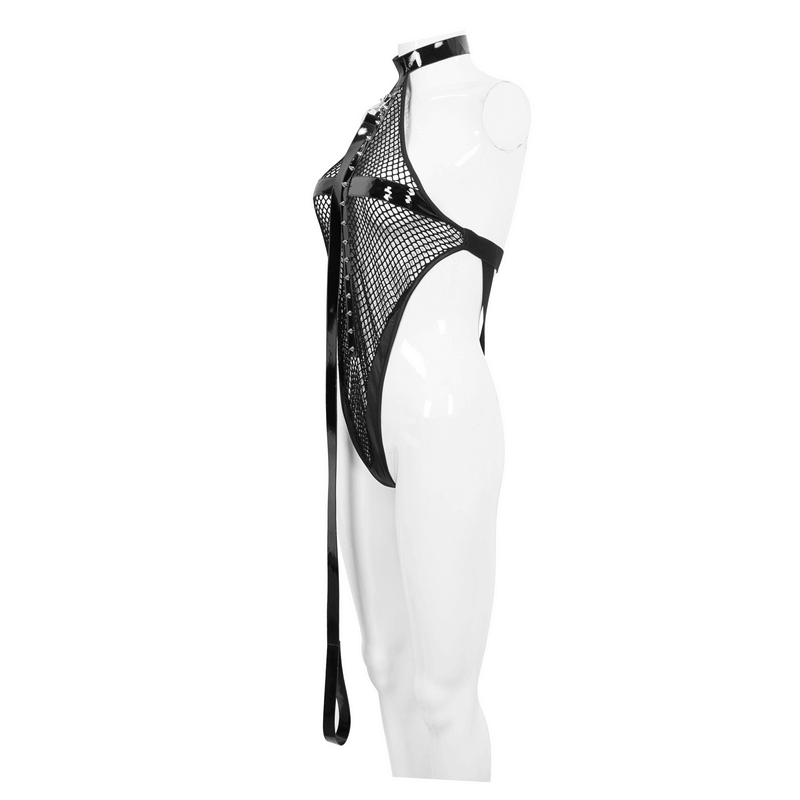 Punk Sexy Mesh Transparent Bodysuit / Black Halter Bodysuit With Detachable Long Belt