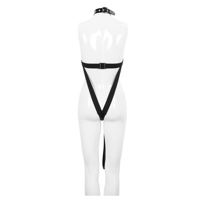 Punk Sexy Mesh Transparent Bodysuit / Black Halter Bodysuit With Detachable Long Belt