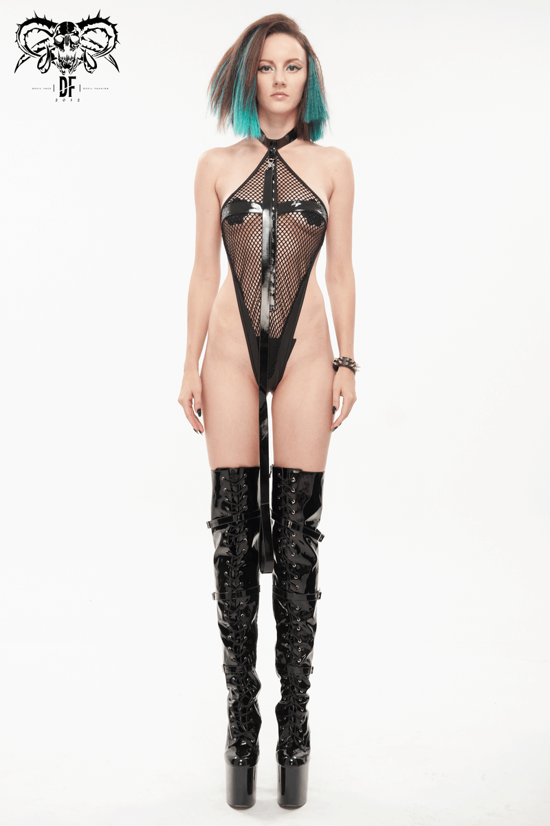 Punk Sexy Mesh Transparent Bodysuit / Black Halter Bodysuit With Detachable Long Belt