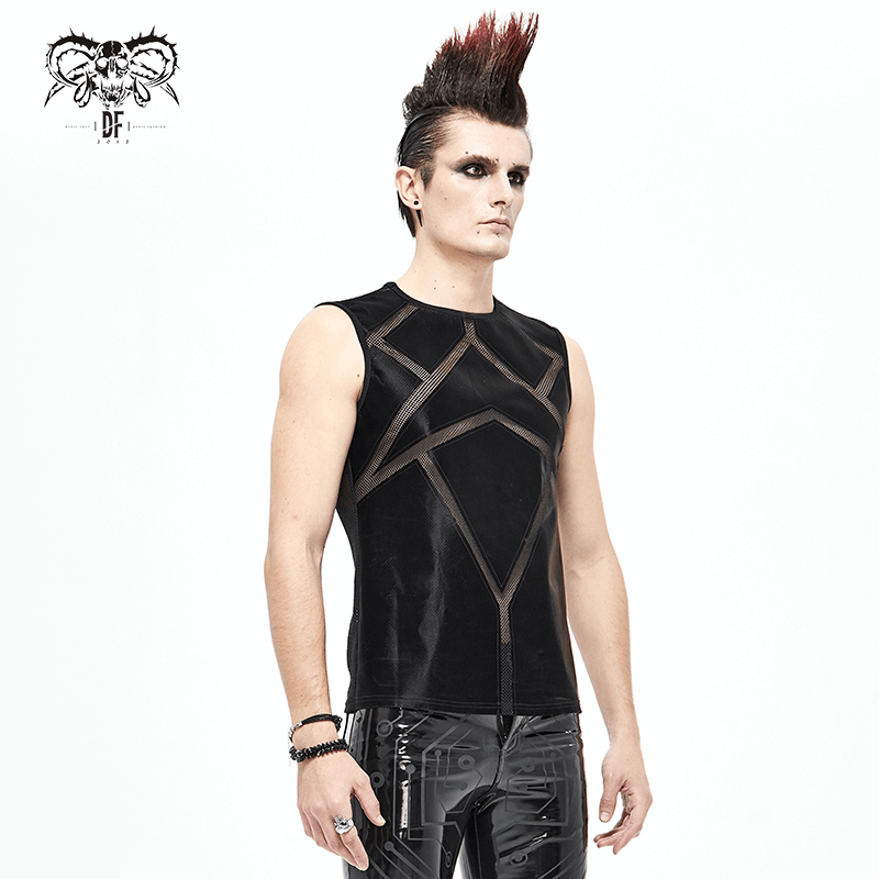 Punk Sexy See-through Tank Top for Men / Gothic Black Sleeveless O-Neck Elastic Tee Shirt