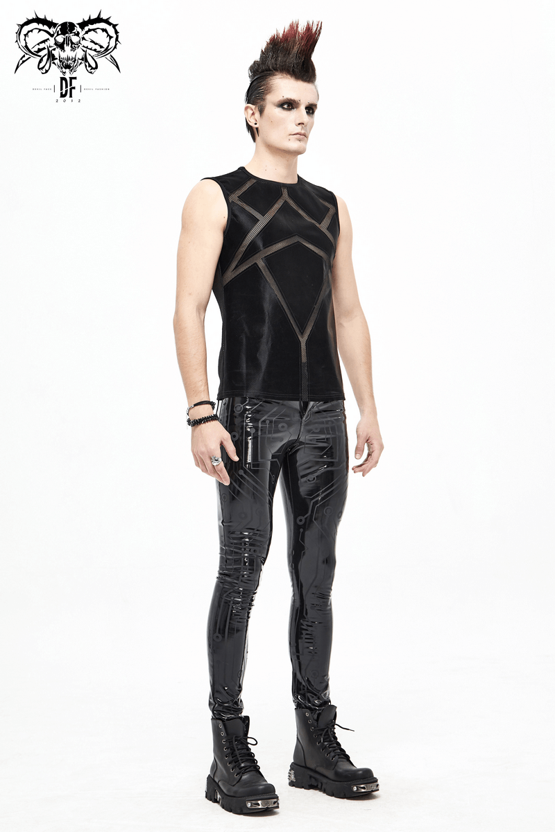 Punk Sexy See-through Tank Top for Men / Gothic Black Sleeveless O-Neck Elastic Tee Shirt
