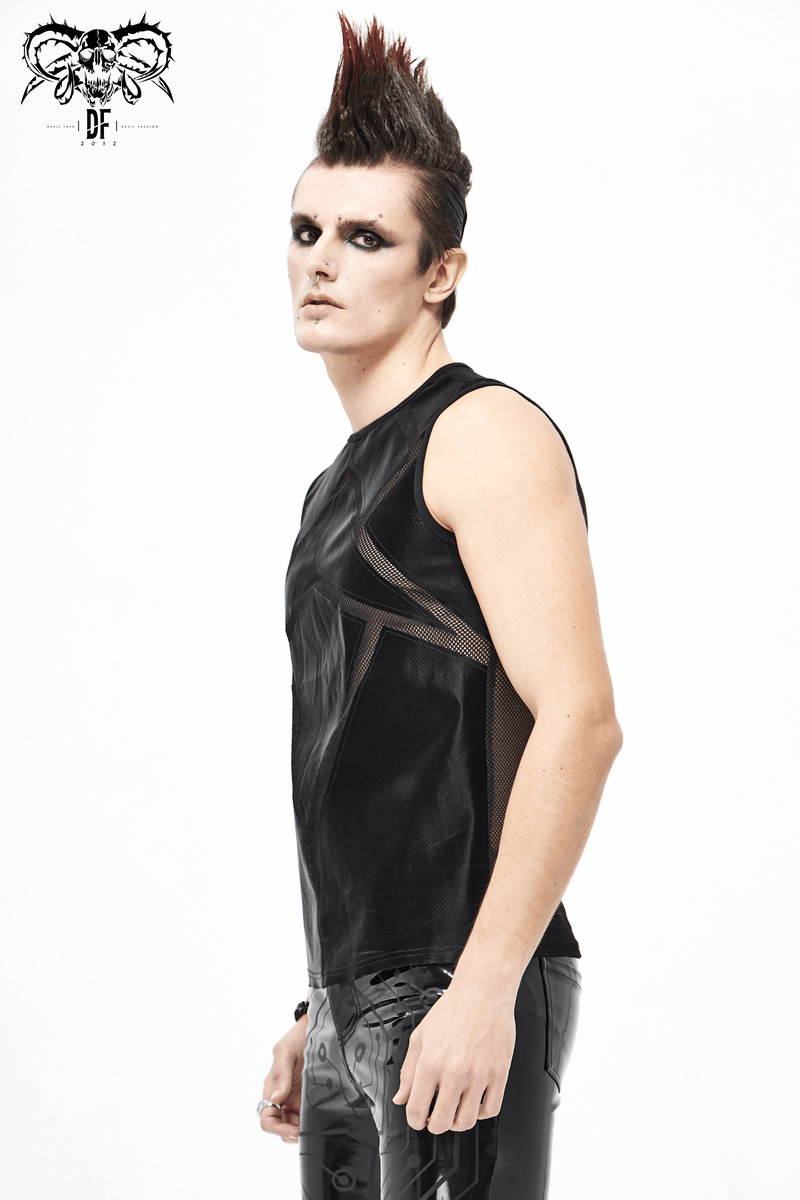 Punk Sexy See-through Tank Top for Men / Gothic Black Sleeveless O-Neck Elastic Tee Shirt