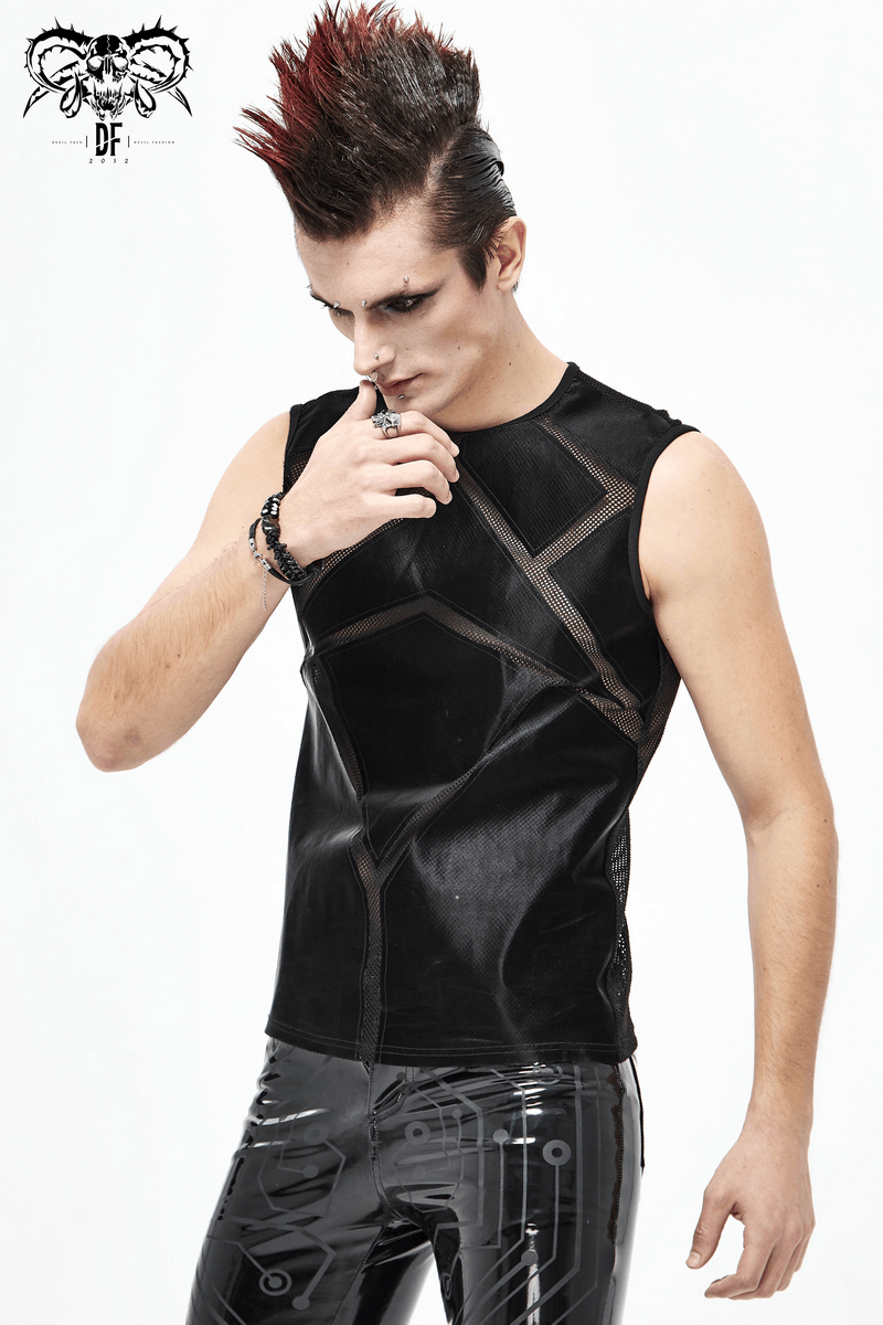 Punk Sexy See-through Tank Top for Men / Gothic Black Sleeveless O-Neck Elastic Tee Shirt