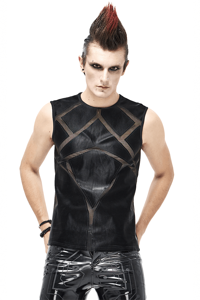 Punk Sexy See-through Tank Top for Men / Gothic Black Sleeveless O-Neck Elastic Tee Shirt