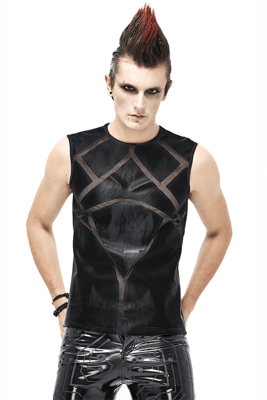 Punk Sexy See-through Tank Top for Men / Gothic Black Sleeveless O-Neck Elastic Tee Shirt