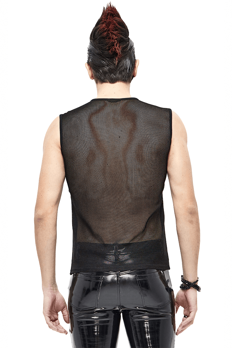 Punk Sexy See-through Tank Top for Men / Gothic Black Sleeveless O-Neck Elastic Tee Shirt