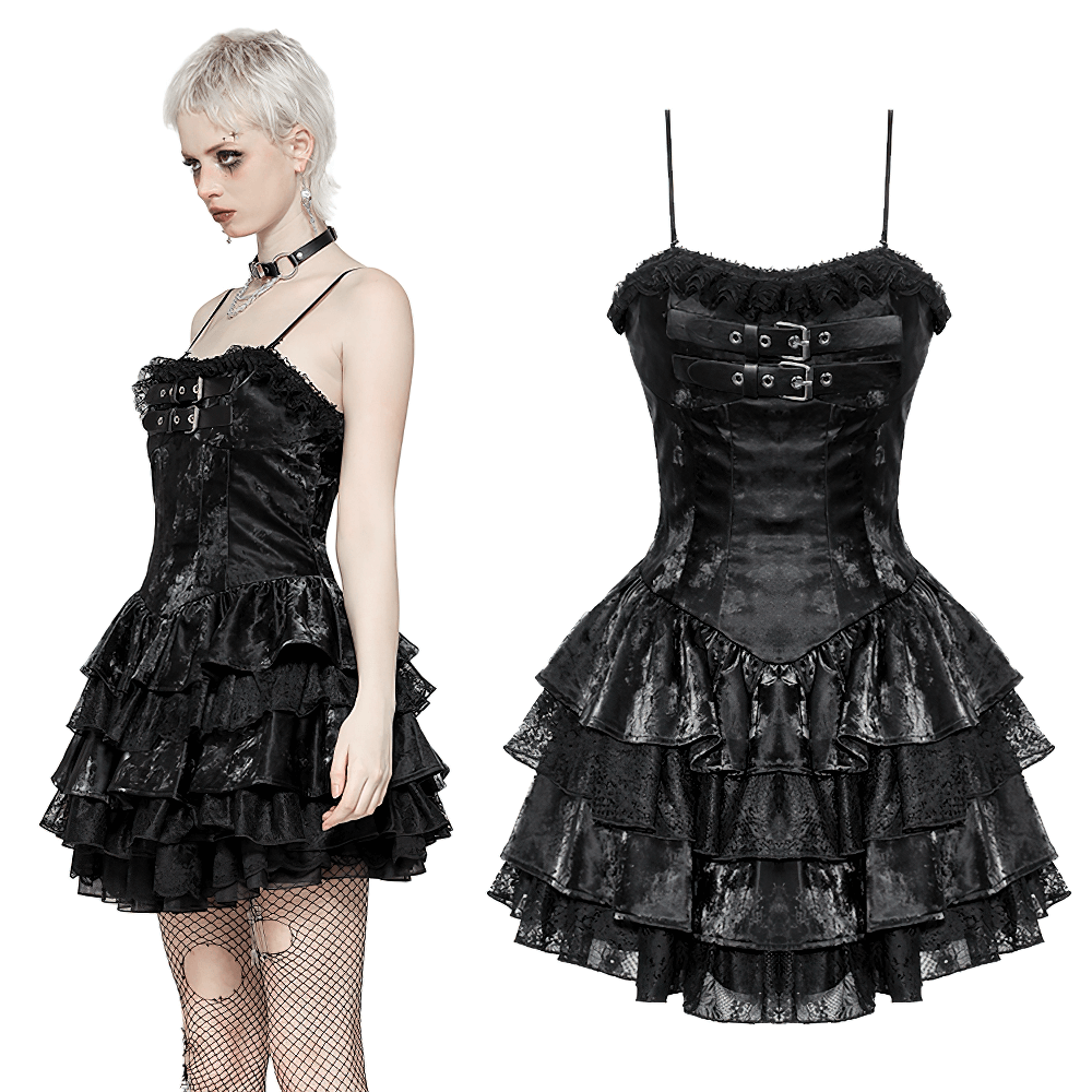 Punk Shiny PU Leather Layered Dress with Ruffled Lace