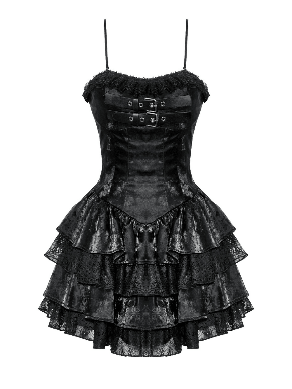 Punk Shiny PU Leather Layered Dress with Ruffled Lace