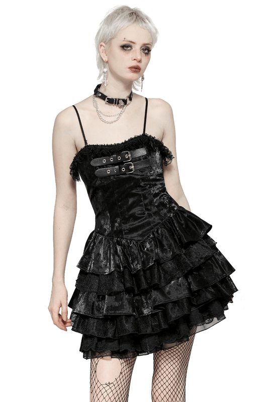 Punk Shiny PU Leather Layered Dress with Ruffled Lace