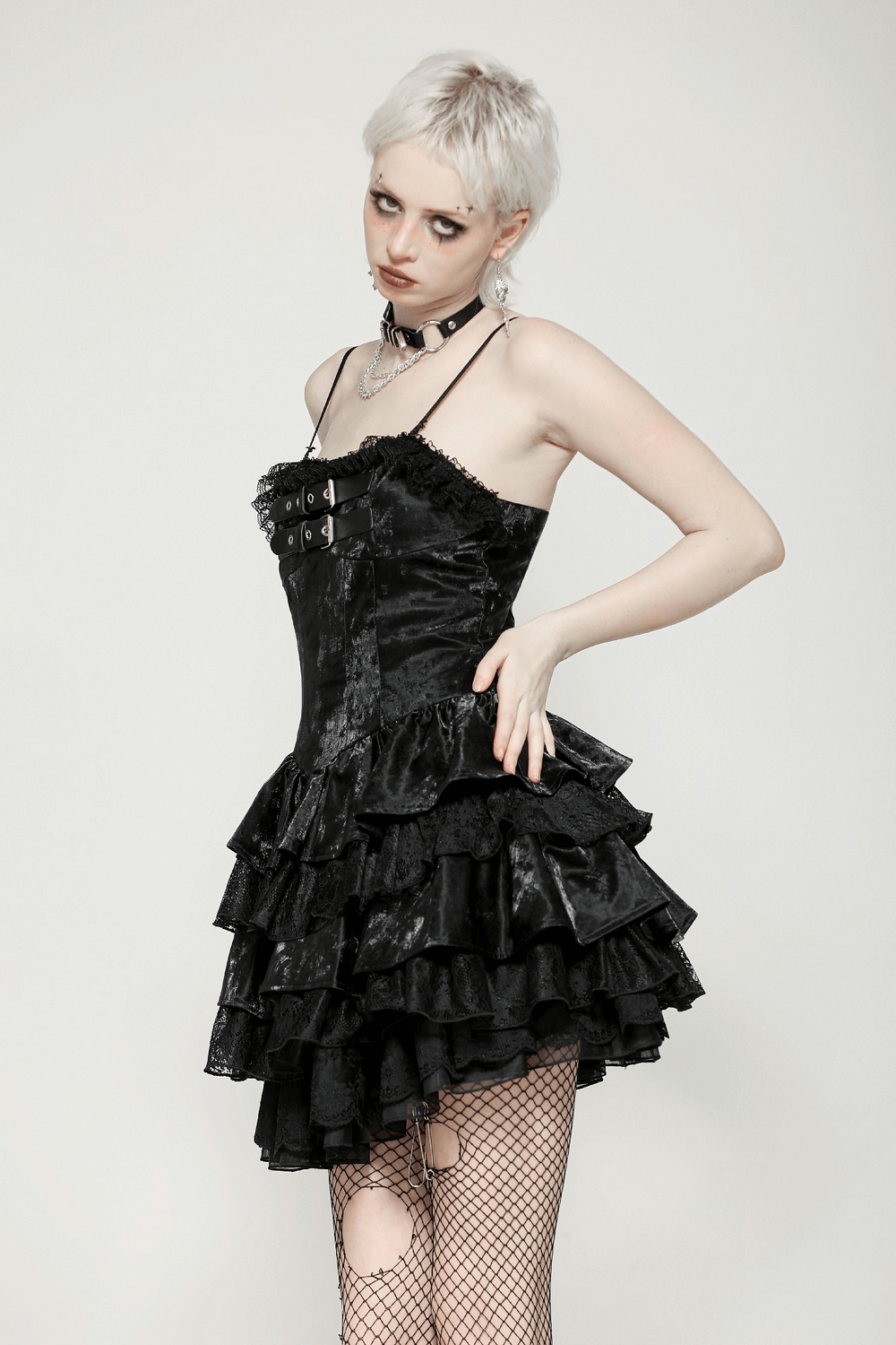 Punk Shiny PU Leather Layered Dress with Ruffled Lace