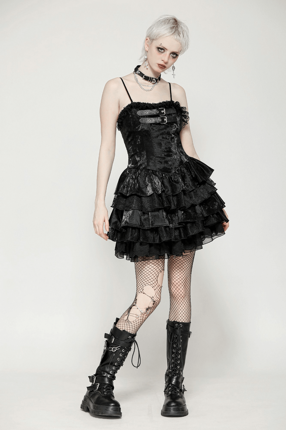 Punk Shiny PU Leather Layered Dress with Ruffled Lace