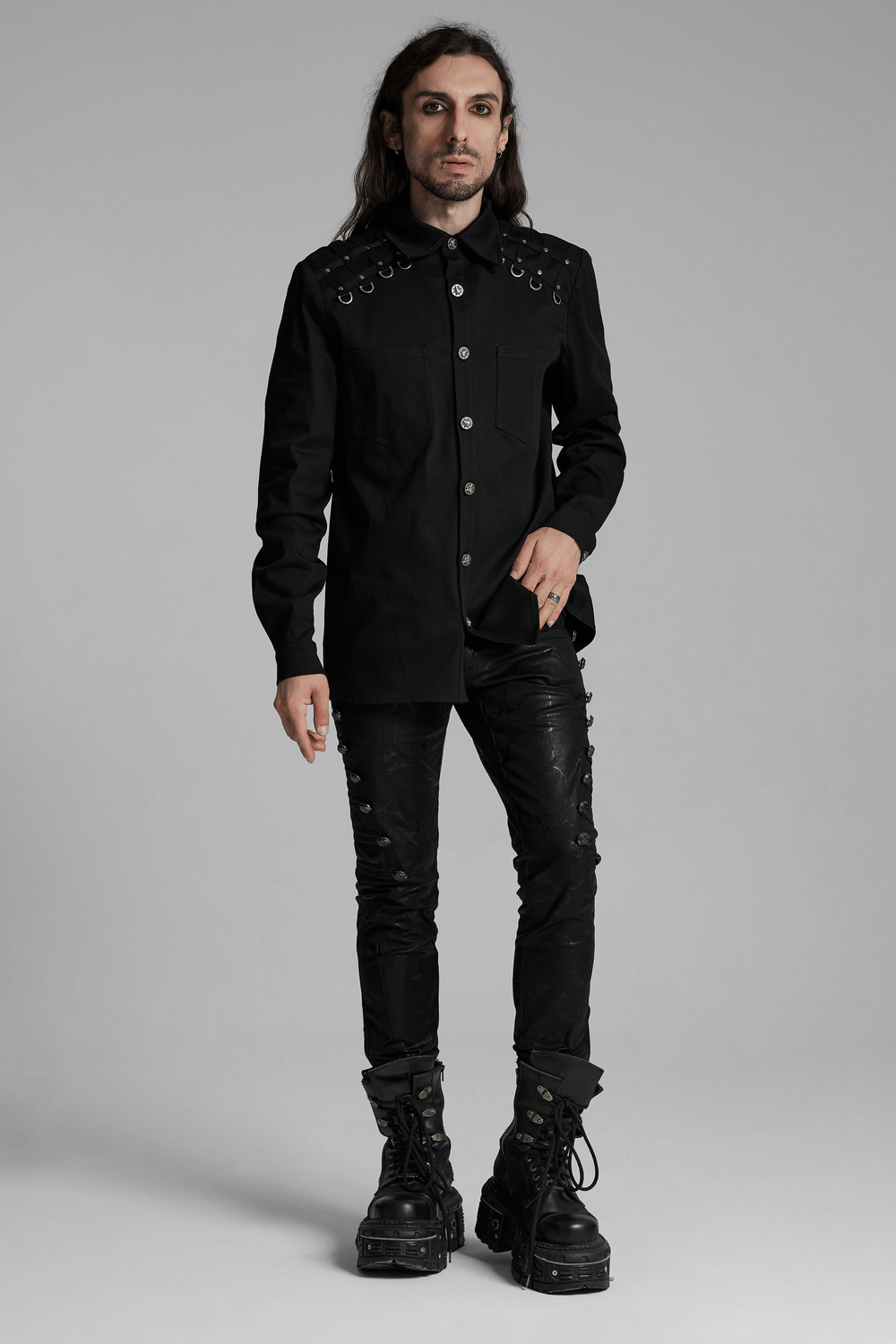Punk Shirt with Twill Fabric and Studded Shoulder Details