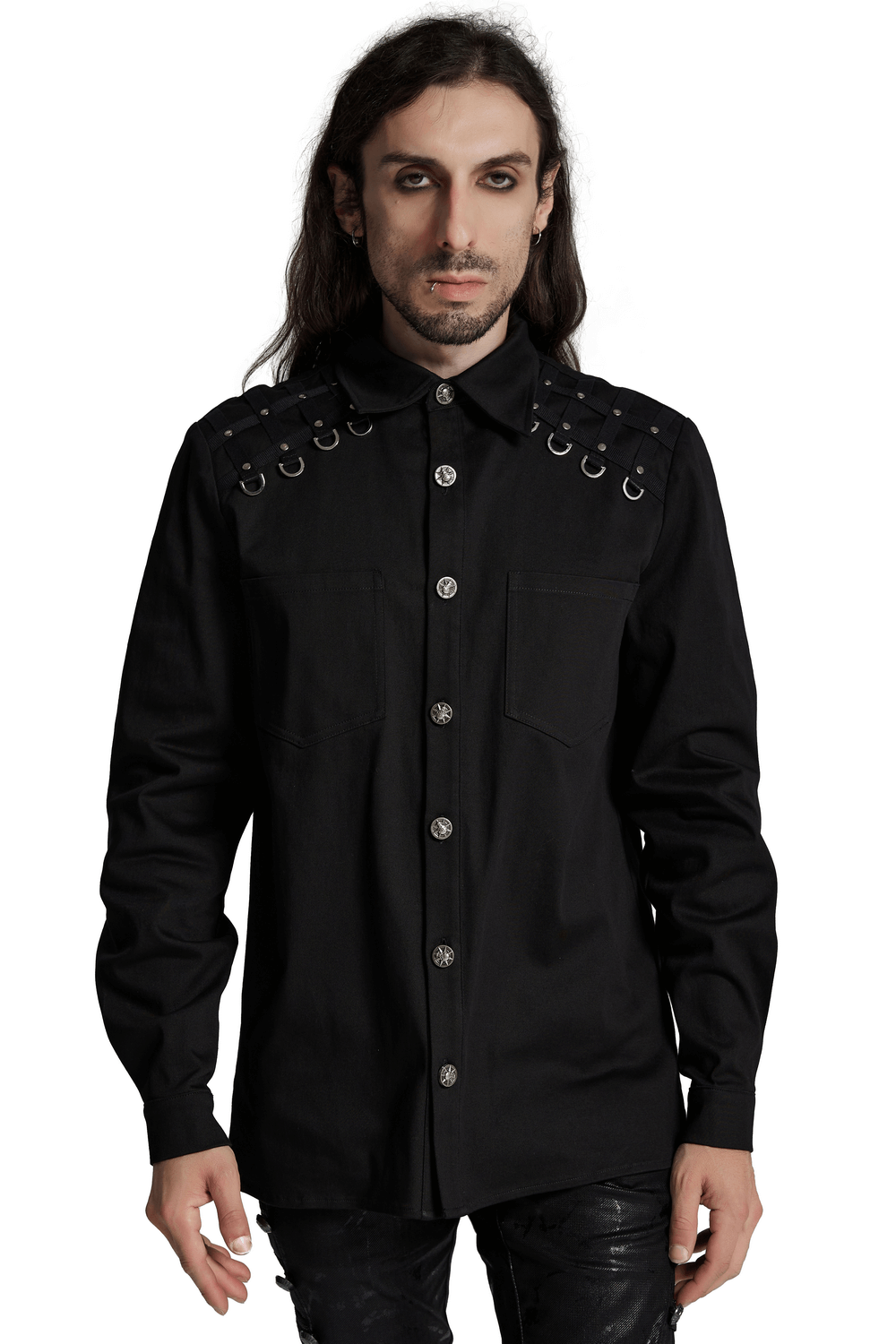 Punk Shirt with Twill Fabric and Studded Shoulder Details