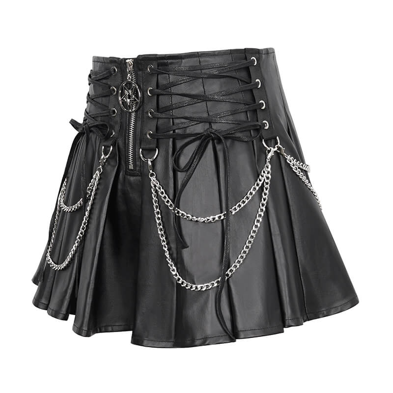 Punk Short Pleated Skirt with Chain / Women's Front Zipper Skirt with lace-Up on Both Sides