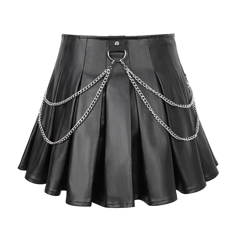 Punk Short Pleated Skirt with Chain / Women's Front Zipper Skirt with lace-Up on Both Sides