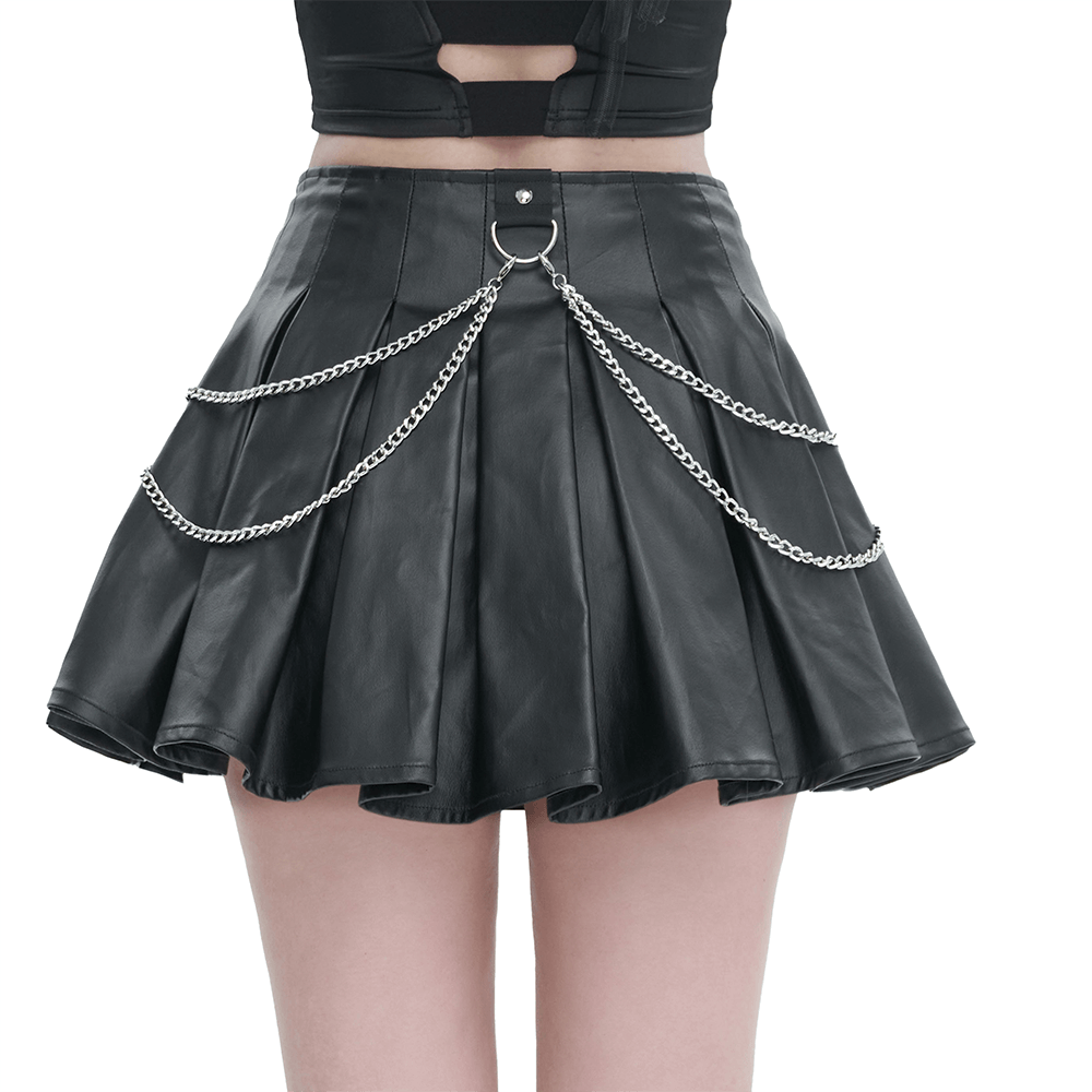 Punk Short Pleated Skirt with Chain / Women's Front Zipper Skirt with lace-Up on Both Sides
