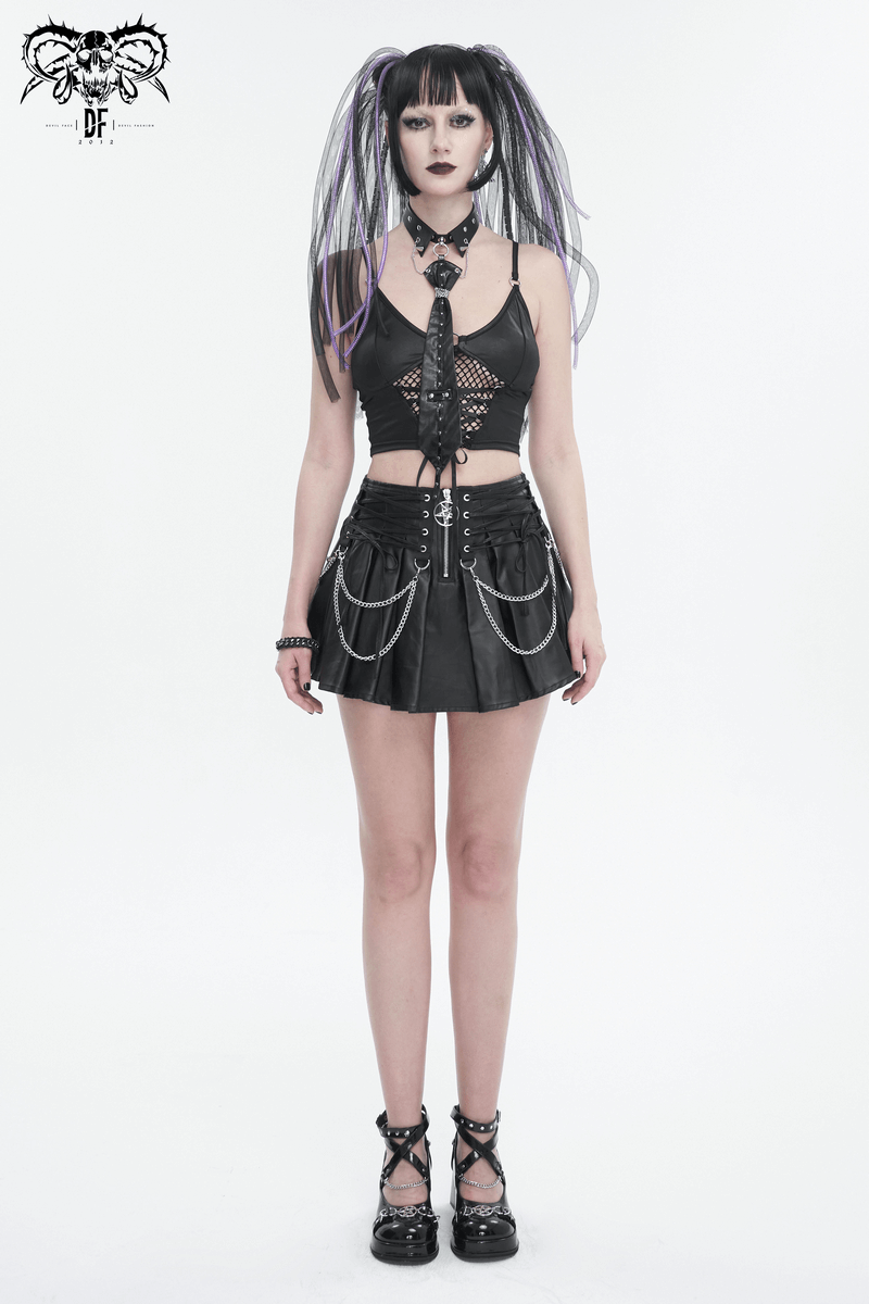 Punk Short Pleated Skirt with Chain / Women's Front Zipper Skirt with lace-Up on Both Sides