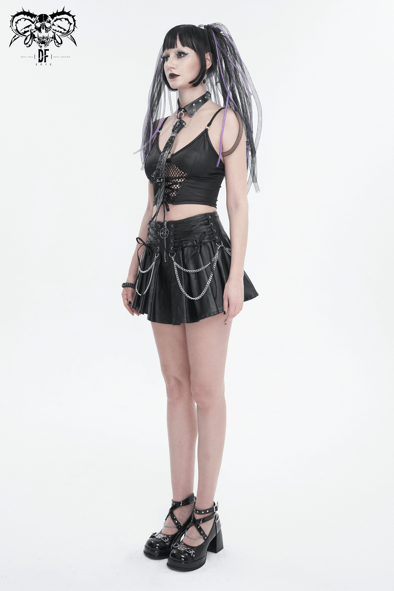 Punk Short Pleated Skirt with Chain / Women's Front Zipper Skirt with lace-Up on Both Sides