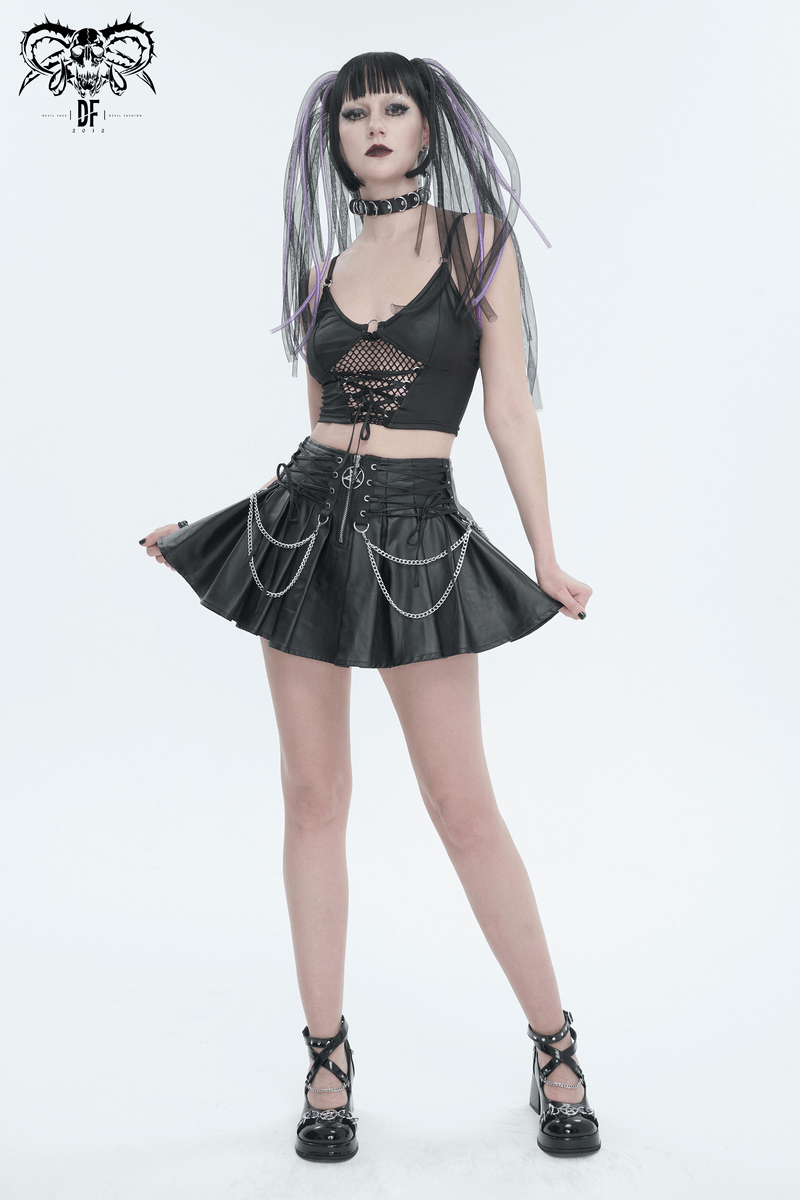 Punk Short Pleated Skirt with Chain / Women's Front Zipper Skirt with lace-Up on Both Sides