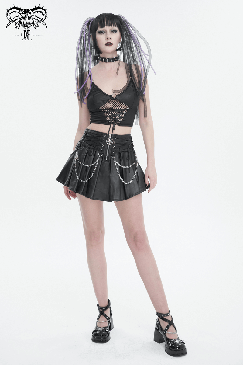 Punk Short Pleated Skirt with Chain / Women's Front Zipper Skirt with lace-Up on Both Sides