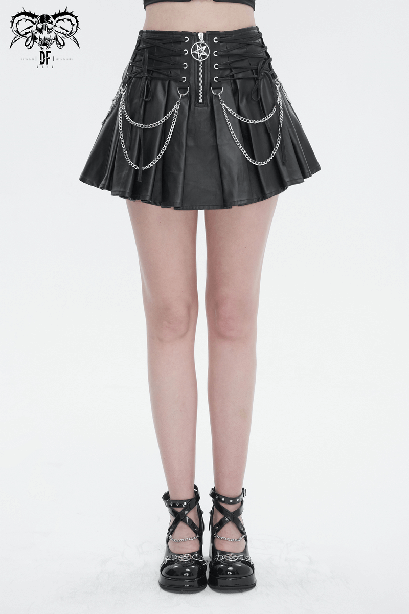 Punk Short Pleated Skirt with Chain / Women's Front Zipper Skirt with lace-Up on Both Sides