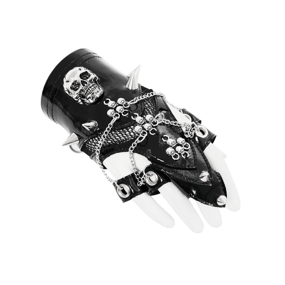 Punk Skull Studded Half-Finger Gloves with Chains