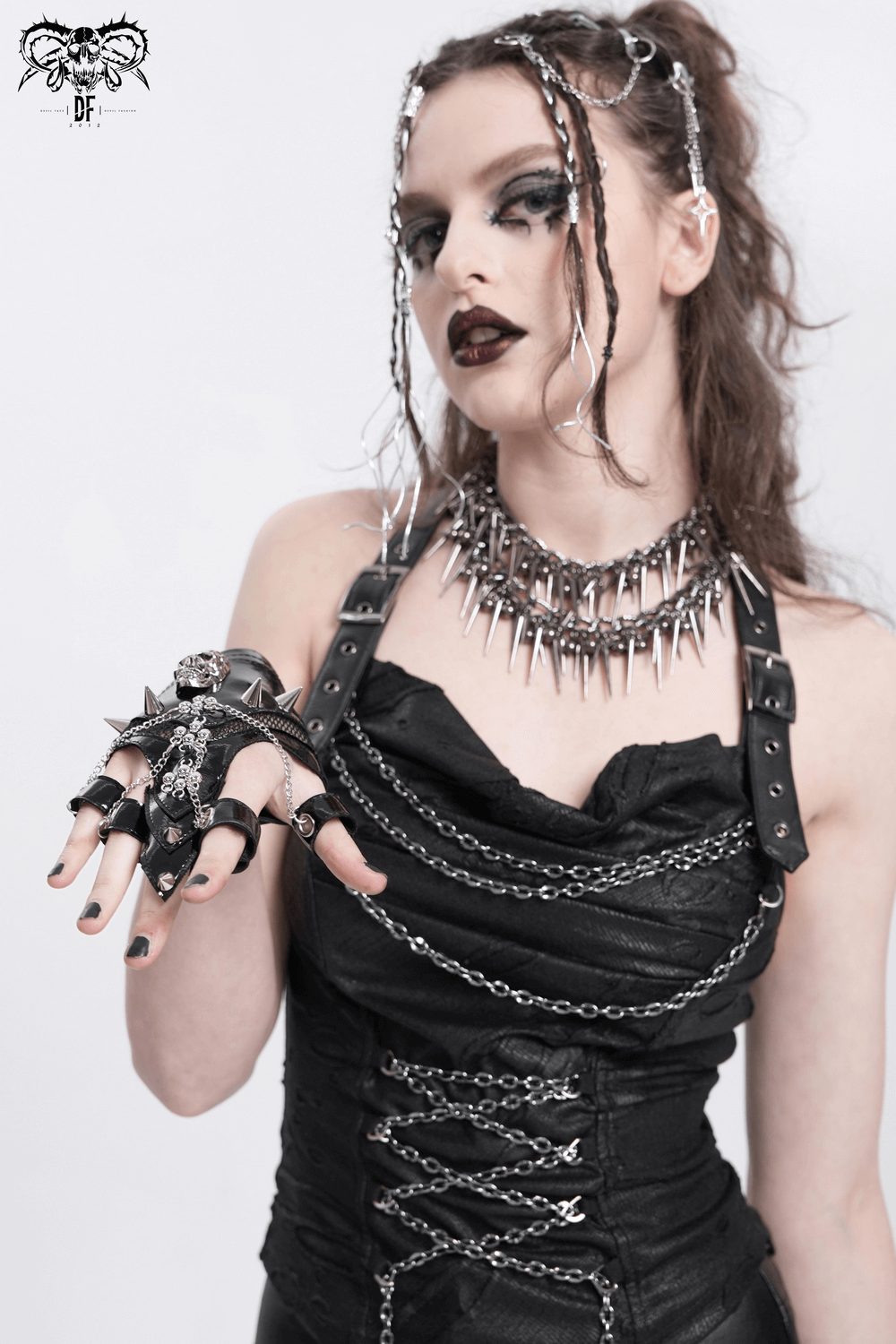 Punk Skull Studded Half-Finger Gloves with Chains