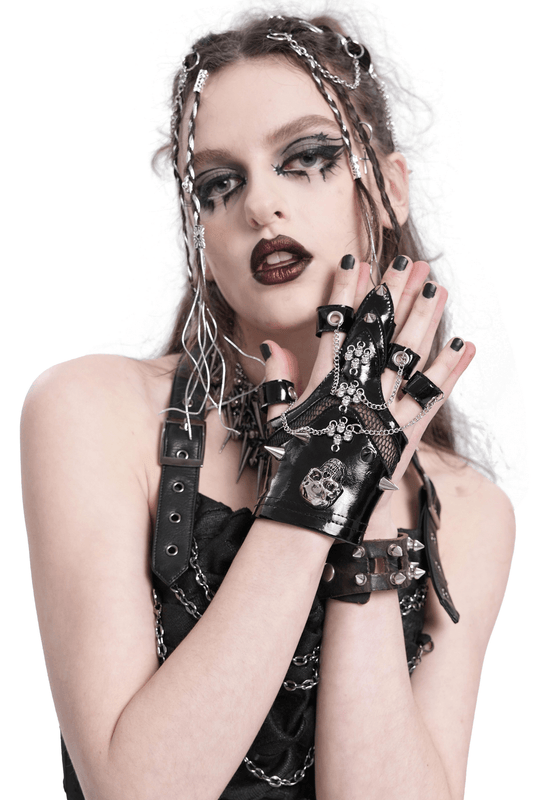 Punk Skull Studded Half-Finger Gloves with Chains