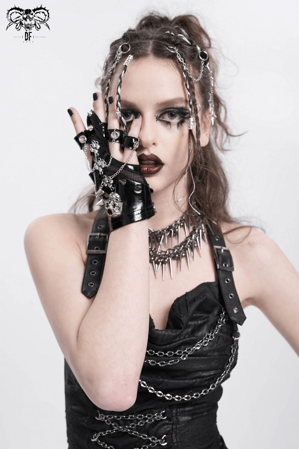 Punk Skull Studded Half-Finger Gloves with Chains