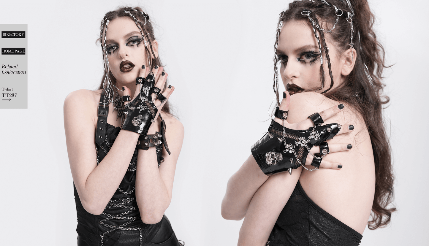 Punk Skull Studded Half-Finger Gloves with Chains