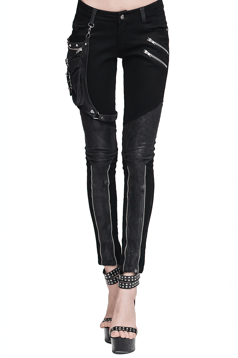 Punk Spliced Pants for Women / Rock Black Trousers With Belt Pocket / Motorcycle Stretchy Pencil Pants