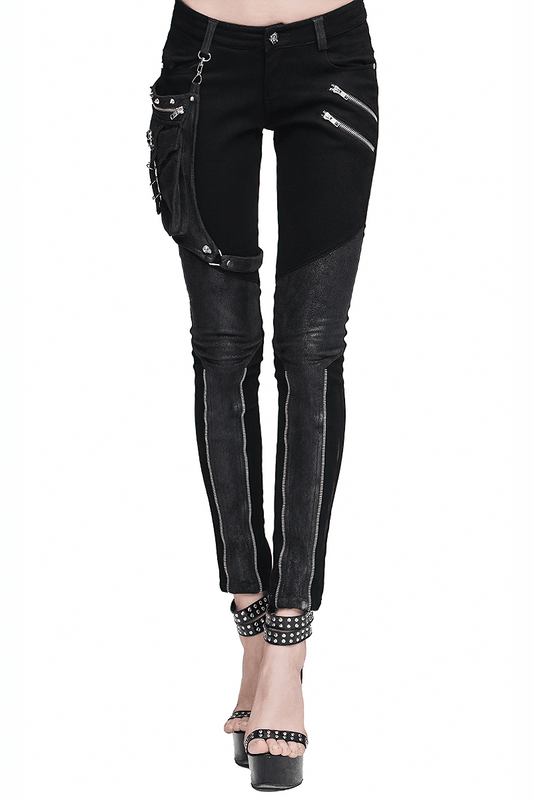 Punk Spliced Pants for Women / Rock Black Trousers With Belt Pocket / Motorcycle Stretchy Pencil Pants