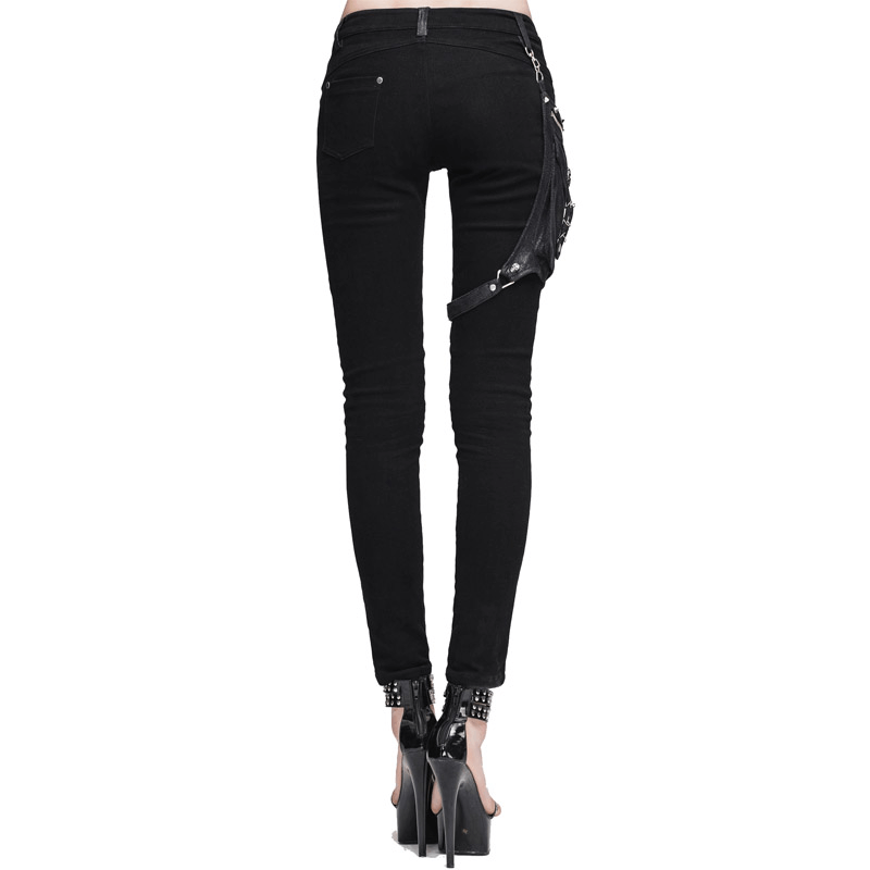 Punk Spliced Pants for Women / Rock Black Trousers With Belt Pocket / Motorcycle Stretchy Pencil Pants