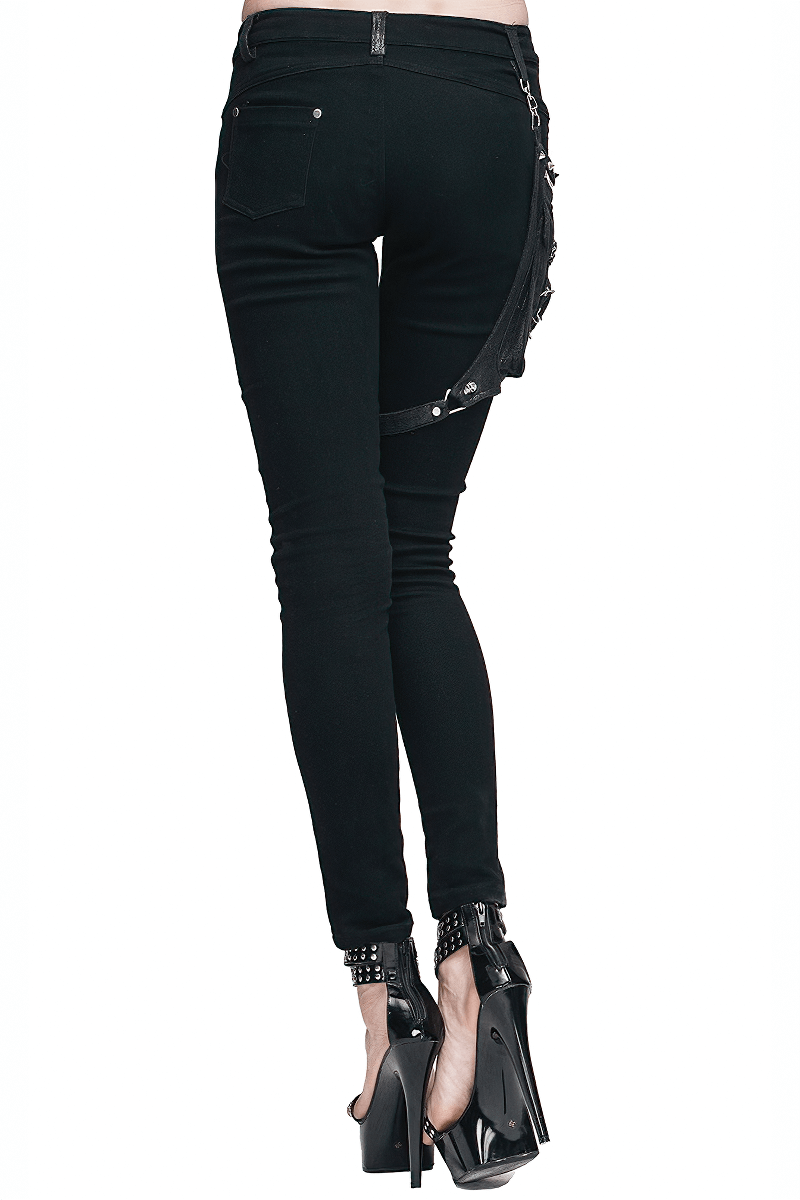 Punk Spliced Pants for Women / Rock Black Trousers With Belt Pocket / Motorcycle Stretchy Pencil Pants