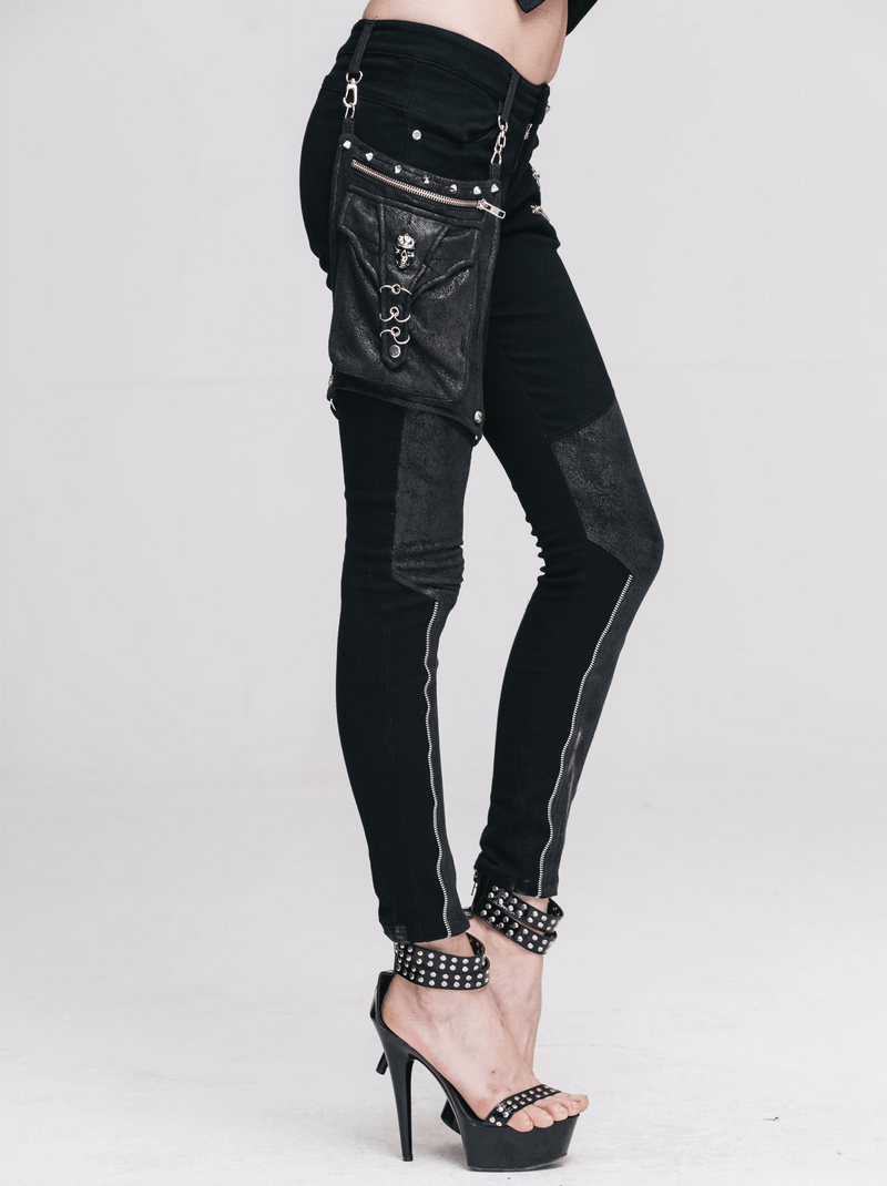 Punk Spliced Pants for Women / Rock Black Trousers With Belt Pocket / Motorcycle Stretchy Pencil Pants
