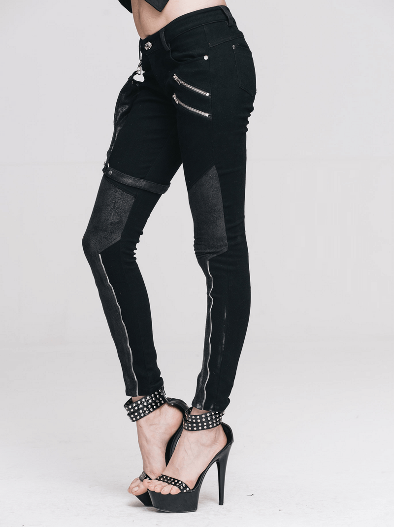 Punk Spliced Pants for Women / Rock Black Trousers With Belt Pocket / Motorcycle Stretchy Pencil Pants