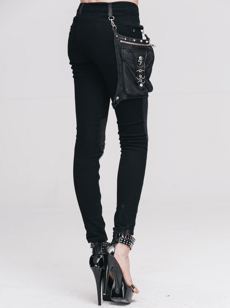 Punk Spliced Pants for Women / Rock Black Trousers With Belt Pocket / Motorcycle Stretchy Pencil Pants