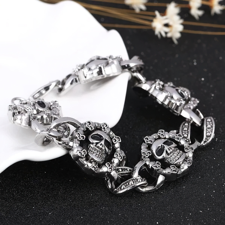 Punk Stainless Steel Bracelet For Men / Gothic Double Skull Heads Cuff Bracelets / Fashion  Men's Jewelry