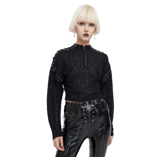 Punk Stitching Zipper Black Top / Gothic Women's Long Sleeves Short Top / Alternative Clothing