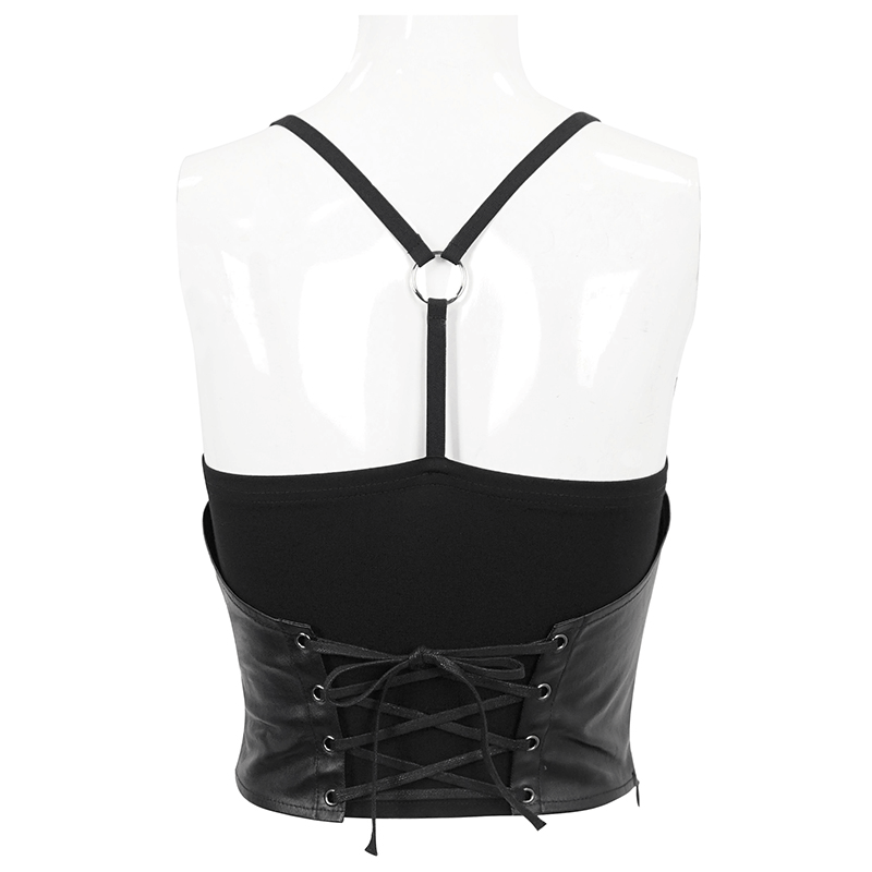 Punk Strappy Splice Camis for Women / Black Gothic Spaghetti Strap Tank Top with Lace-up