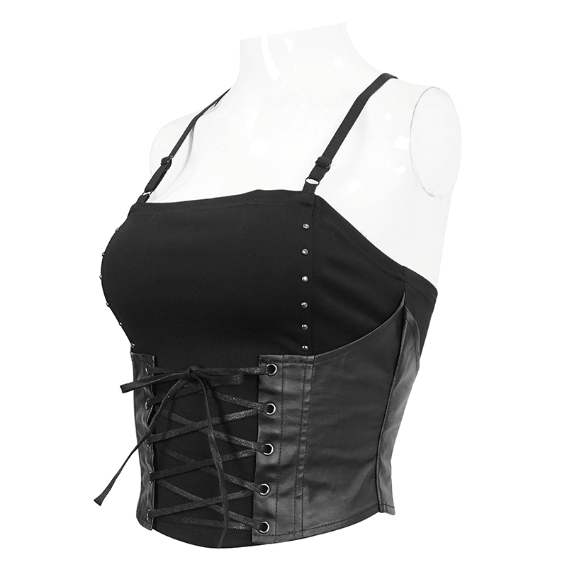 Punk Strappy Splice Camis for Women / Black Gothic Spaghetti Strap Tank Top with Lace-up