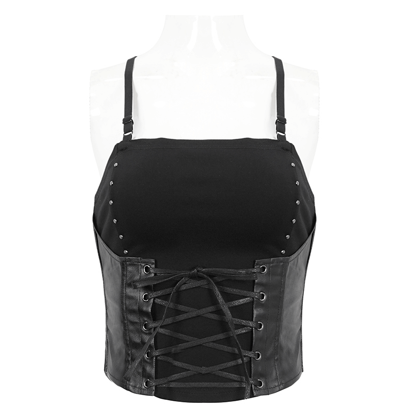 Punk Strappy Splice Camis for Women / Black Gothic Spaghetti Strap Tank Top with Lace-up