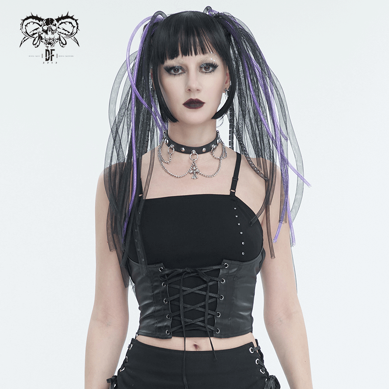 Punk Strappy Splice Camis for Women / Black Gothic Spaghetti Strap Tank Top with Lace-up