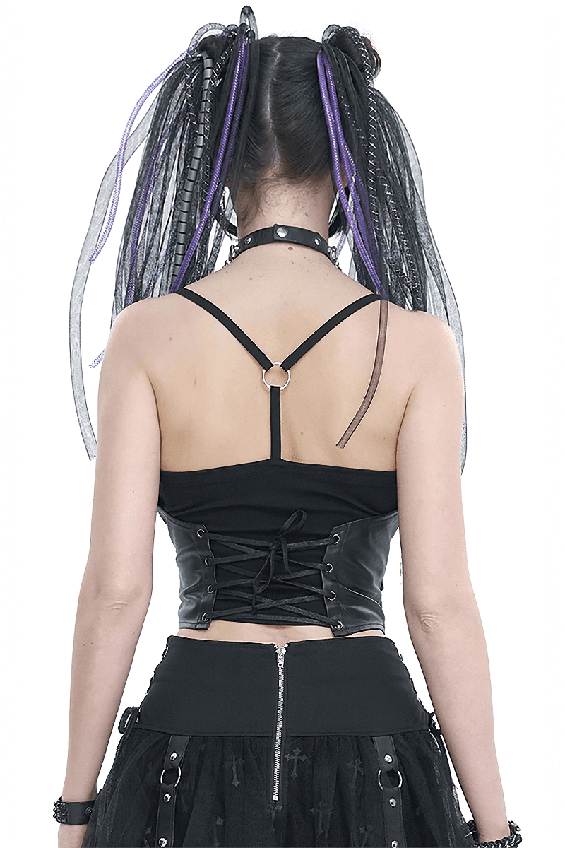 Punk Strappy Splice Camis for Women / Black Gothic Spaghetti Strap Tank Top with Lace-up